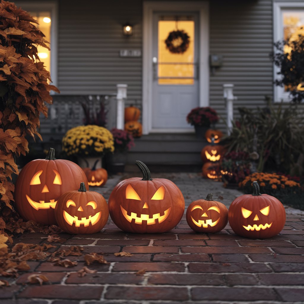 carved pumpkin jack-o-laterns sitting in front of a house on a brick walk 