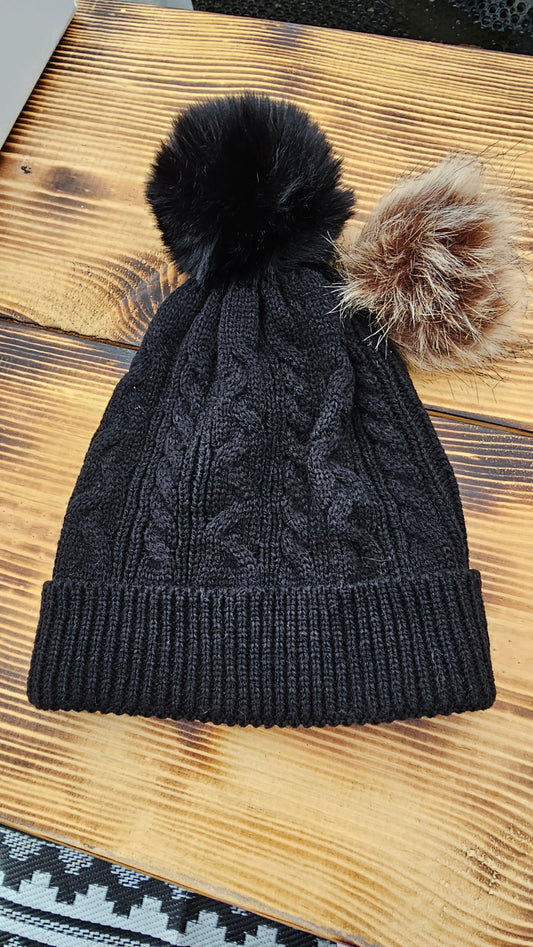 BLACK BEANIE WITH MULTI COLOR POMS